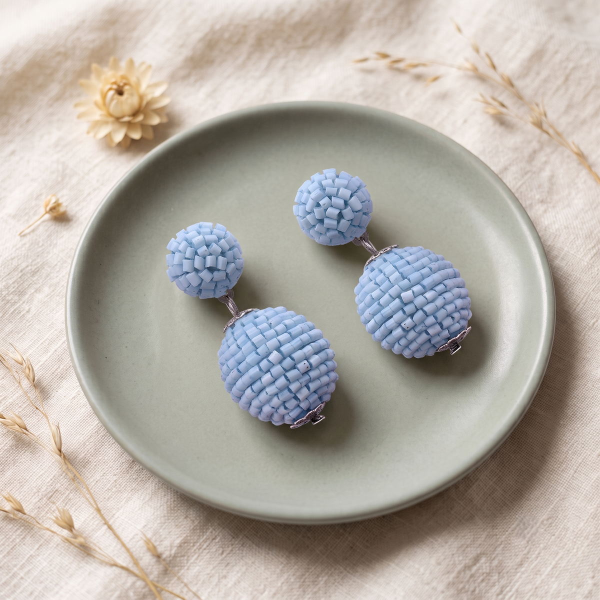 Handcrafted Light Blue Seed Bead Double Bauble Drop Earrings for Women