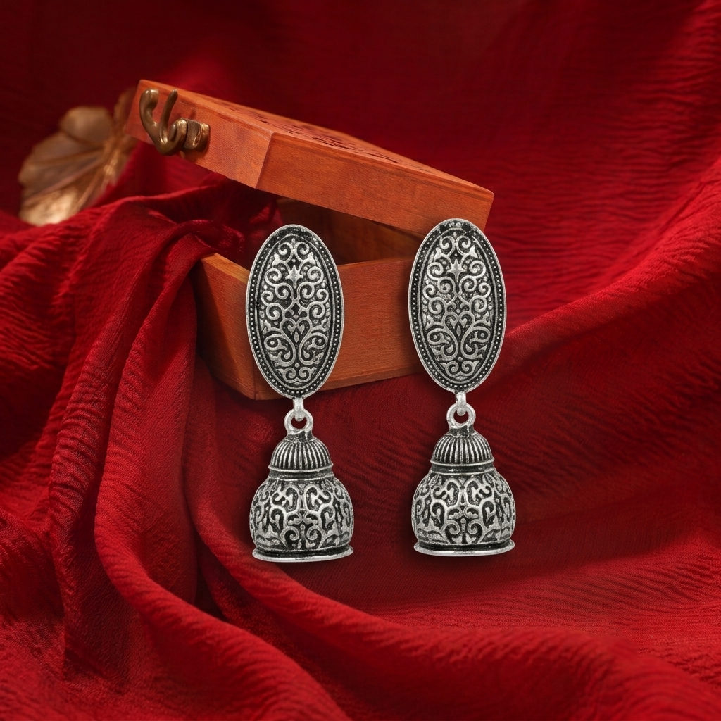 Oxidised Silver Oval Carving Traditional Jhumka Earrings