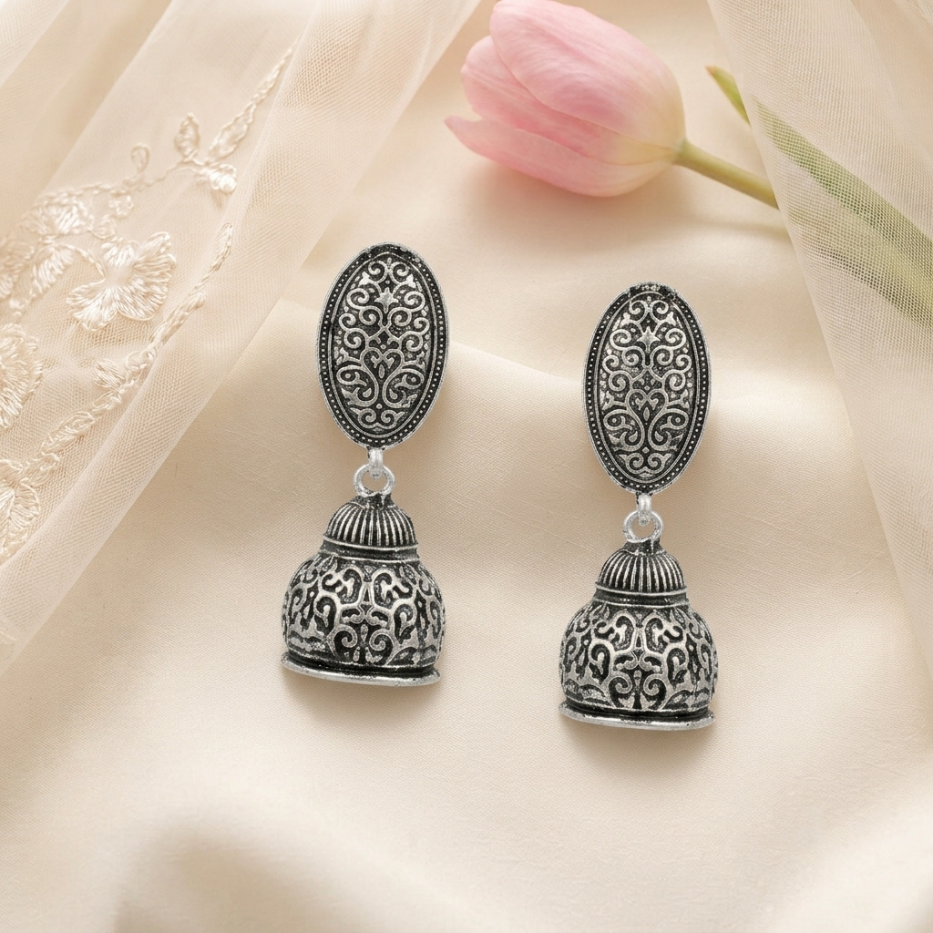 Oxidised Silver Oval Carving Traditional Jhumka Earrings