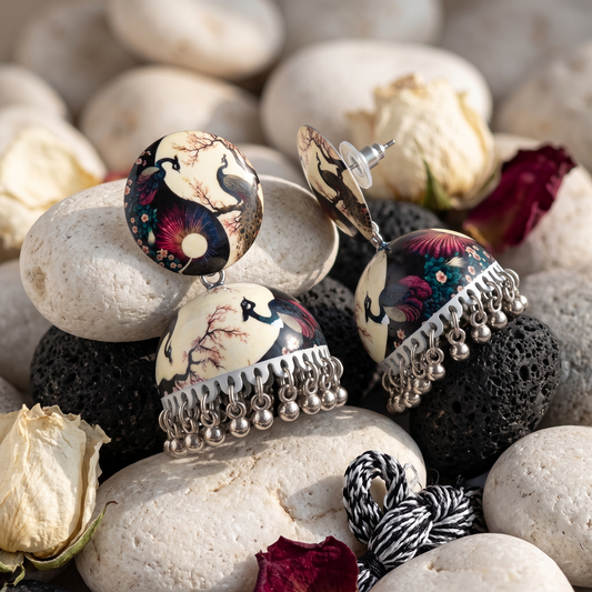 Peacock Yin Yang Print Jhumka Earrings for Women Silver Ghungroo Balis