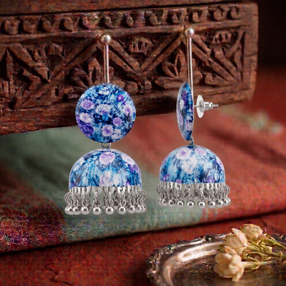 Blue and Purple Floral Print Jhumka Earrings for Women Silver Ghungroo Balis