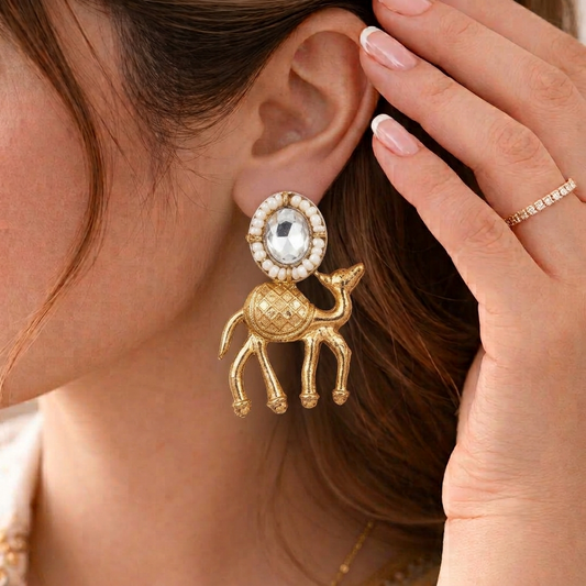 Traditional Rajasthani Gold Camel Motif Earrings with Pearls