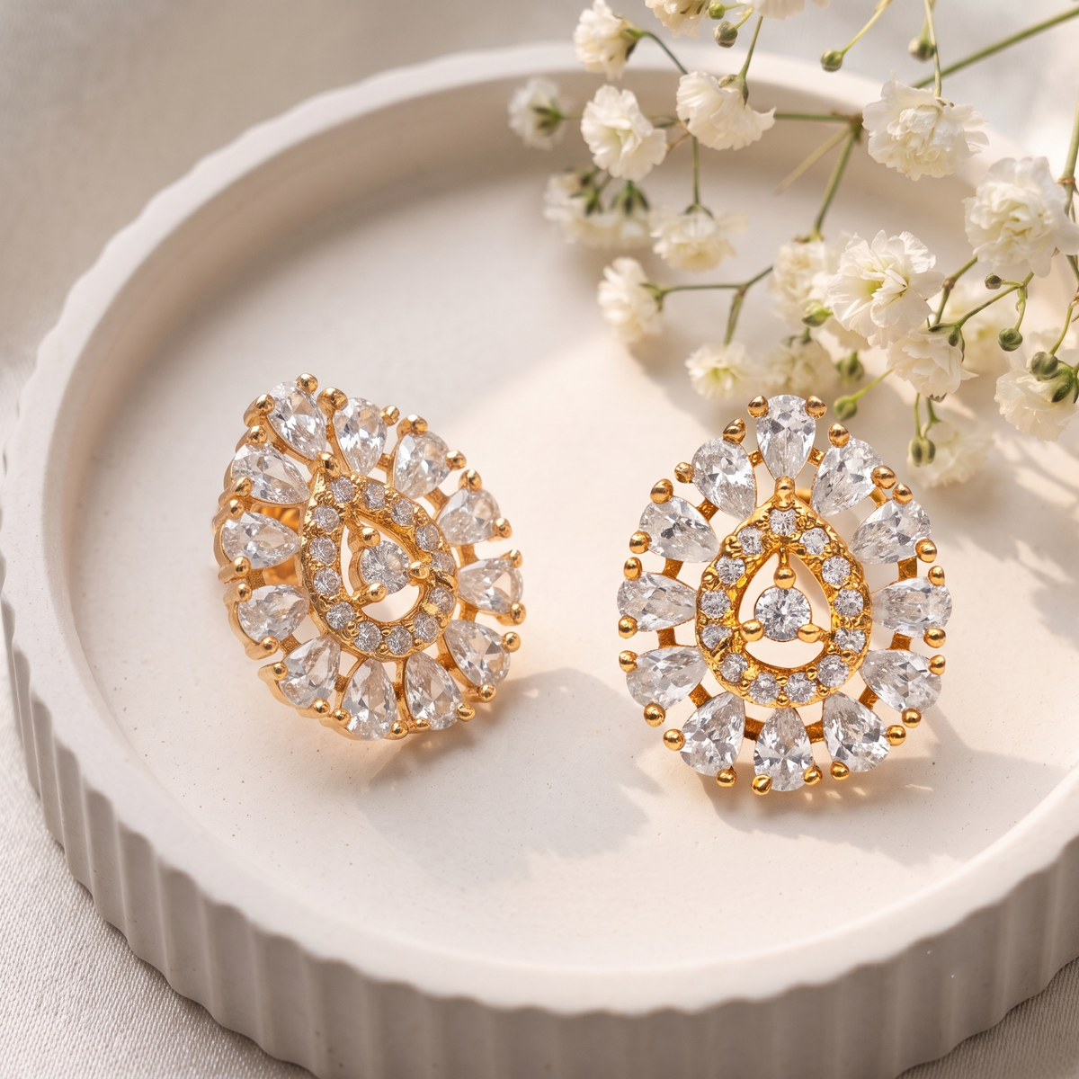 Gold-Plated CZ Teardrop Cluster Stud Earrings