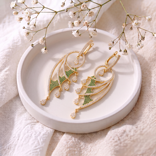Gold Plated Brass Wing Chandelier Dangle Earrings with Emerald Green Crystals