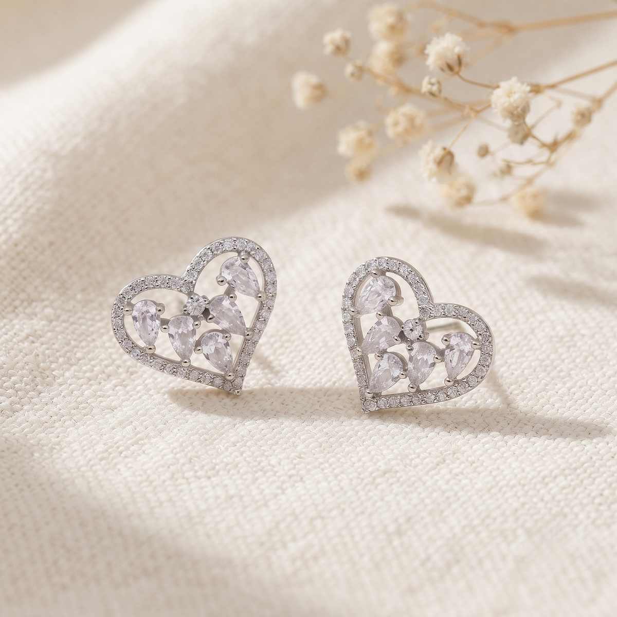 Silver Plated Brass Open Heart Stud Earrings with Crystal Cluster Inlays