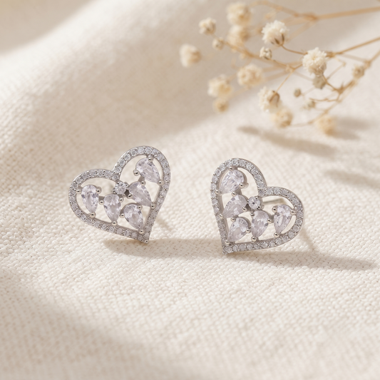 Silver Plated Brass Open Heart Stud Earrings with Crystal Cluster Inlays