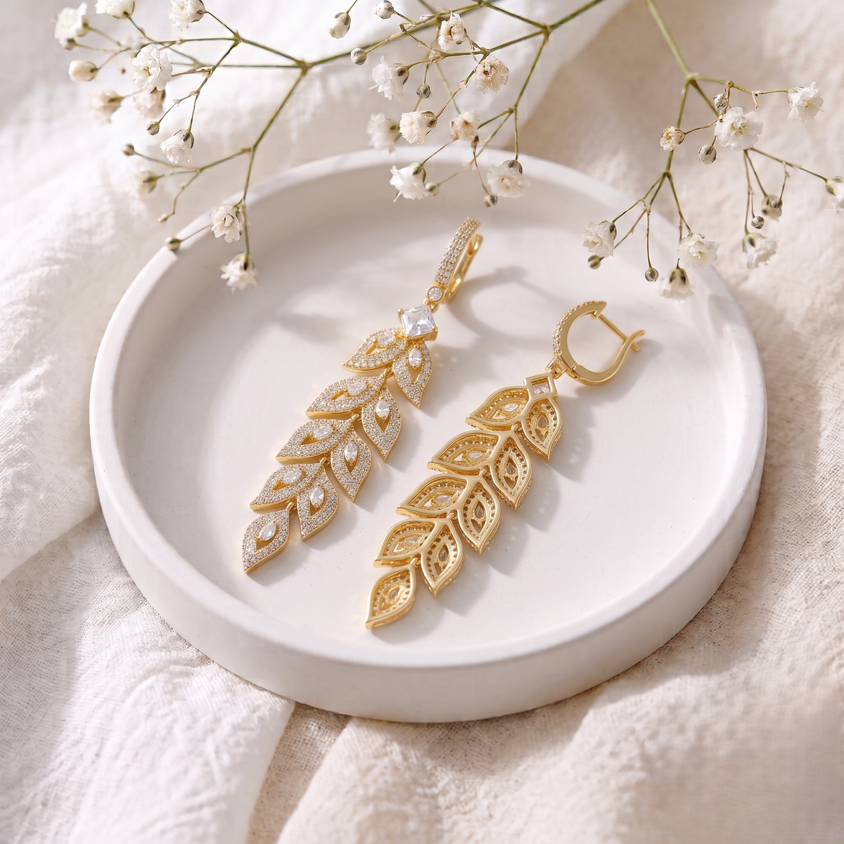 Gold Plated Brass Long Leaf Drop Earrings with Clear Micro Pavé Crystals