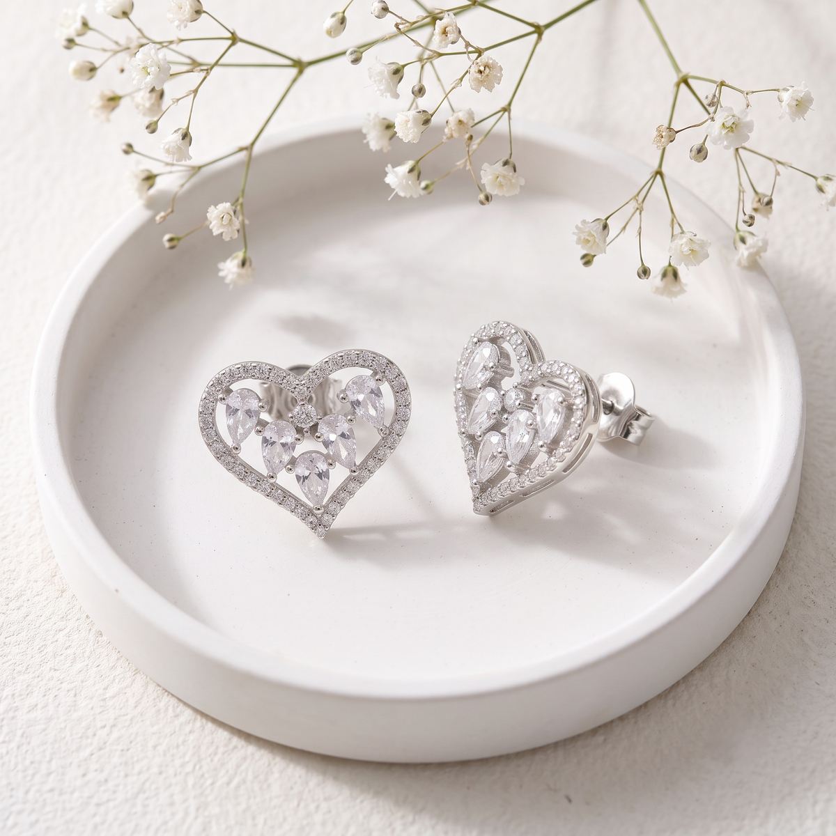 Silver Plated Brass Open Heart Stud Earrings with Crystal Cluster Inlays
