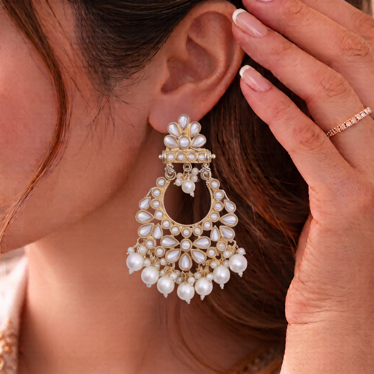 Gold Plated Kundan Chandbali Earrings with Pearls Traditional Drop Jhumka for Women