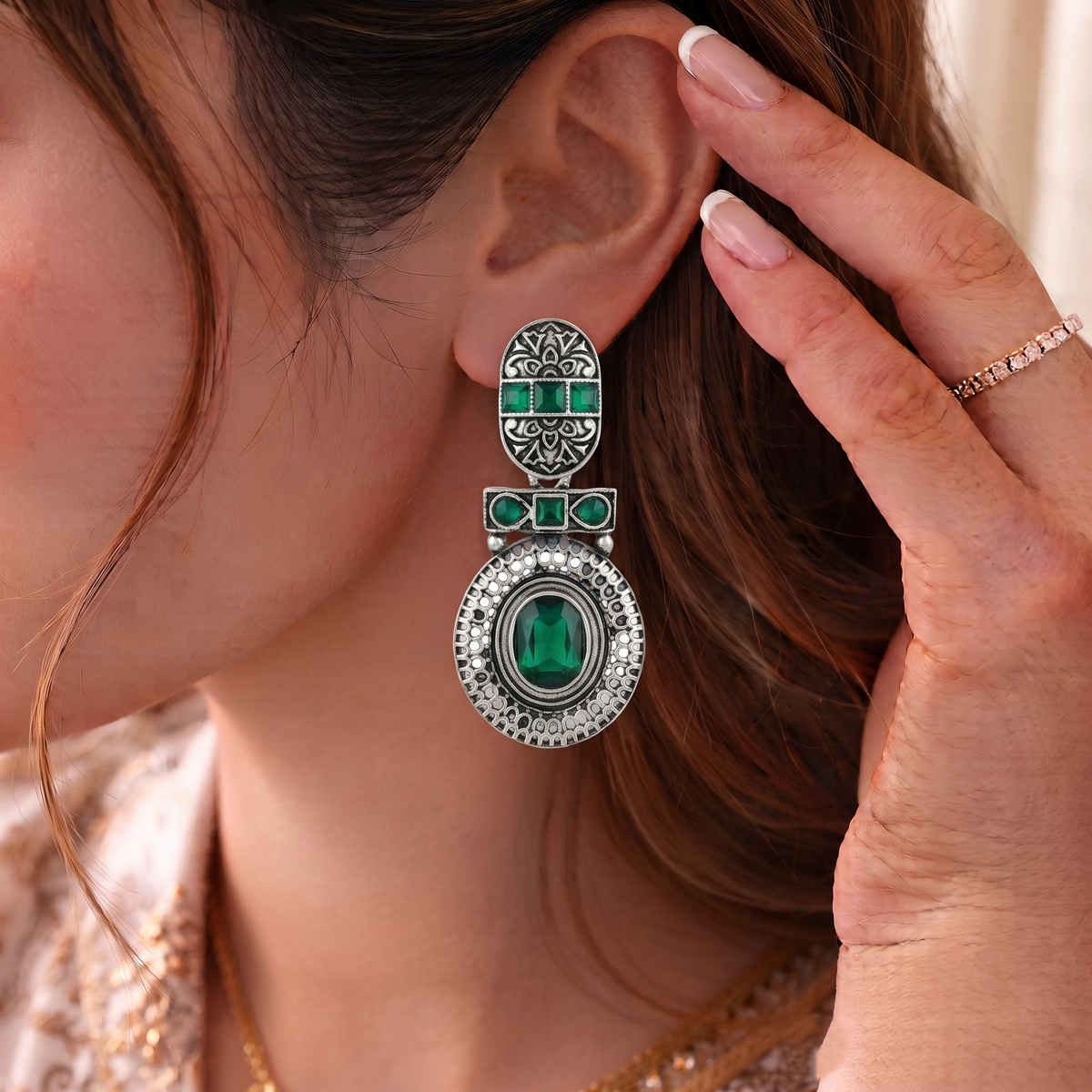 Oxidized Silver Toned Green Stone Textured Drop Earrings for Women