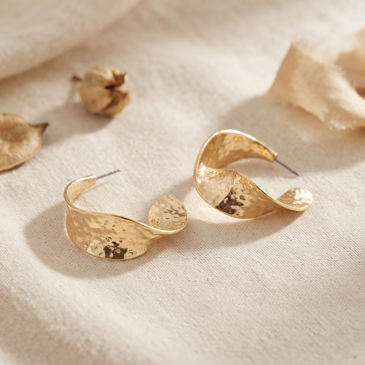 Brass Hammered Textured Abstract Twist Open Hoop Earrings for Women