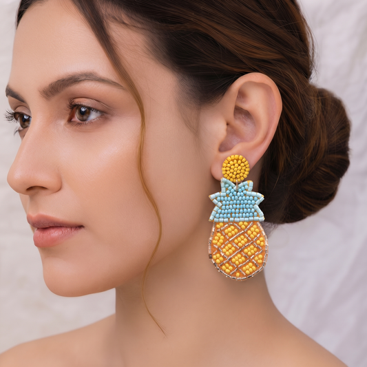 Handcrafted Pineapple Beaded Statement Drop Earrings for Women Quirky Tropical Jewelry