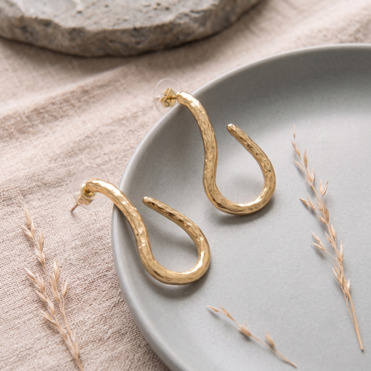 Gold Plated Hammered Textured Abstract S-Shape Open Hoop Earrings for Women