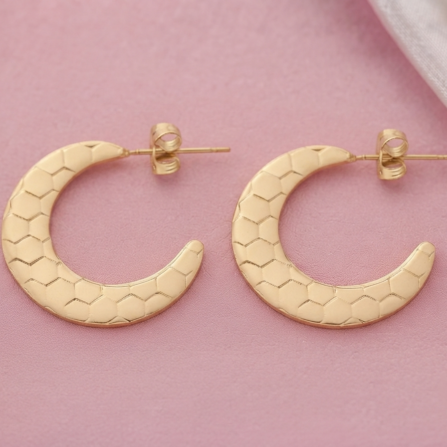 Gold Plated Crescent C-Shaped Honeycomb Textured Open Hoop Earrings for Women