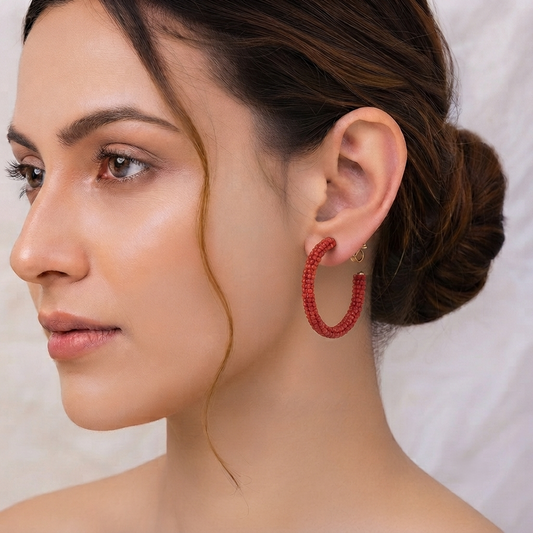 Handcrafted Dark Red Seed Bead Wrapped Open Hoop Earrings for Women