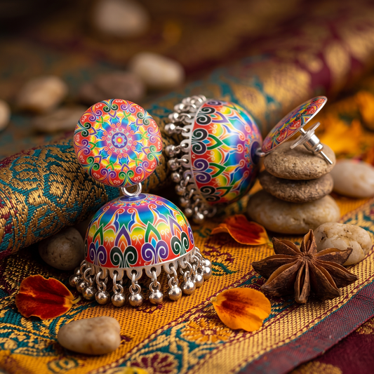Rainbow Mandala Print Jhumka Earrings for Women Silver Ghungroo Balis