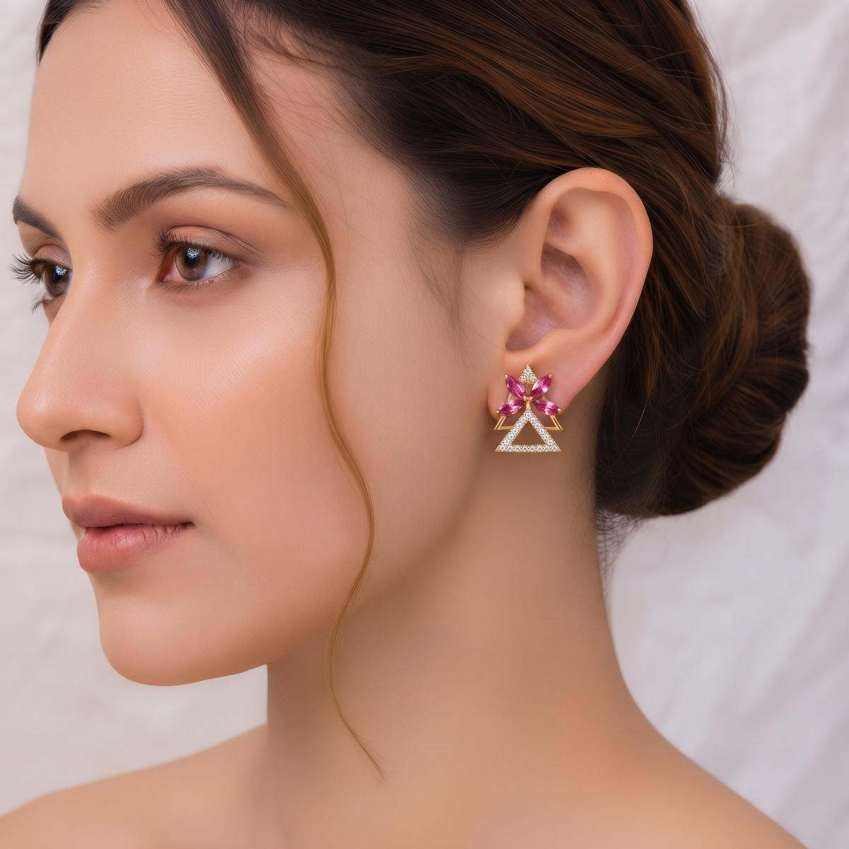 Gold Plated Brass Double Triangle Stud Earrings with Pink Marquise Crystal Flower