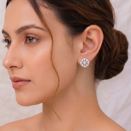 Silver Plated CZ Snowflake Cluster Stud Earrings