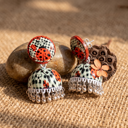 Painted Ladybug Print Checkered Jhumka Earrings for Women