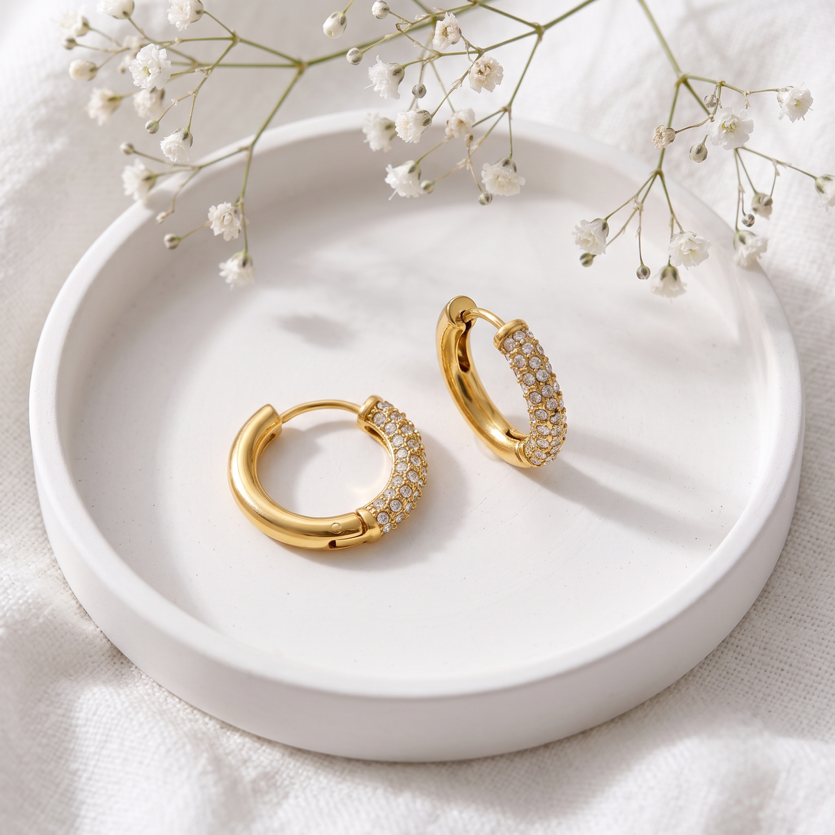 Gold Plated Brass Huggie Hoop Earrings Studded with Micro Pave Crystals