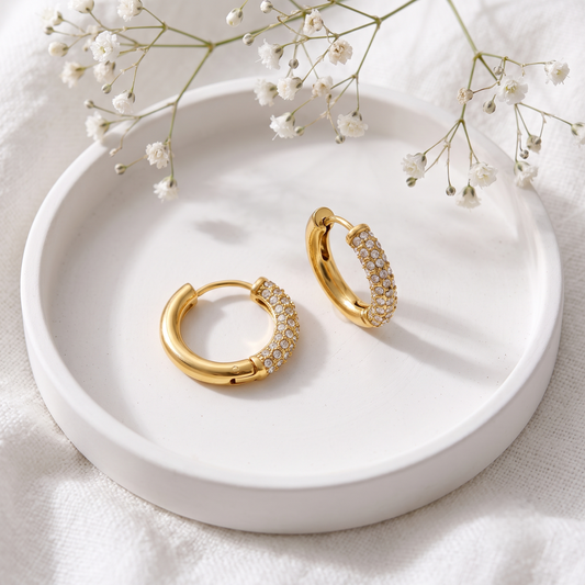 Gold Plated Brass Huggie Hoop Earrings Studded with Micro Pave Crystals
