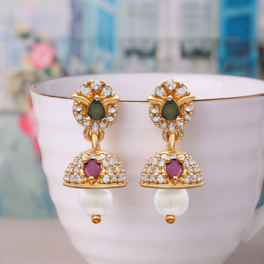 Gold Plated Brass Small Multi-Color CZ Stone Jhumki Earrings for Women