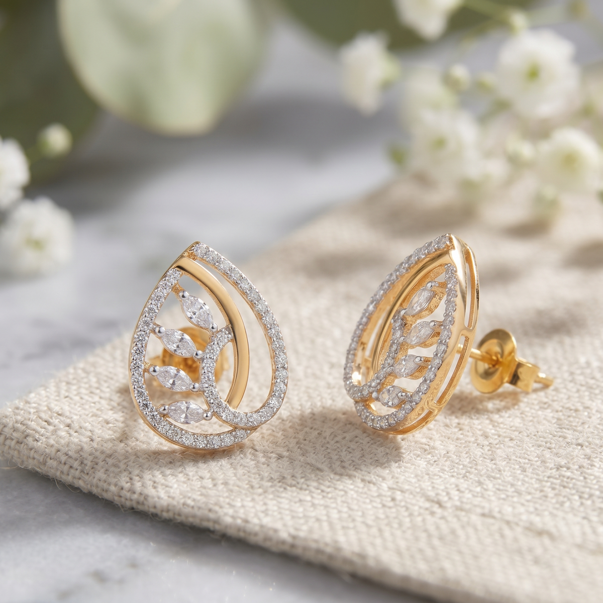 Gold Plated CZ Paisley Leaf Stud Earrings