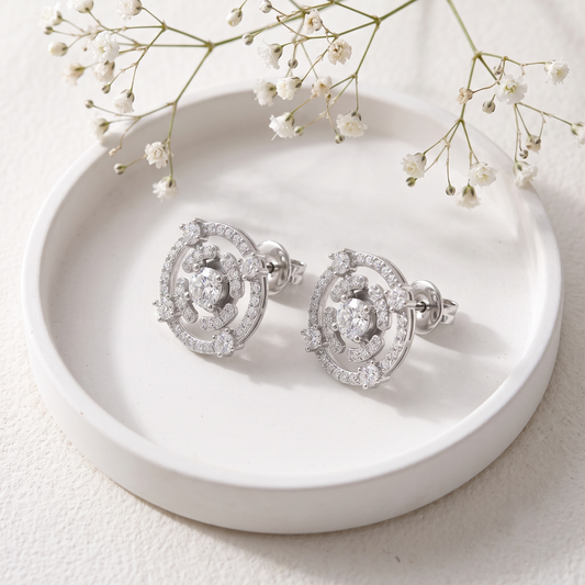 Silver Plated Brass Concentric Open Circle Stud Earrings with Cluster Crystals