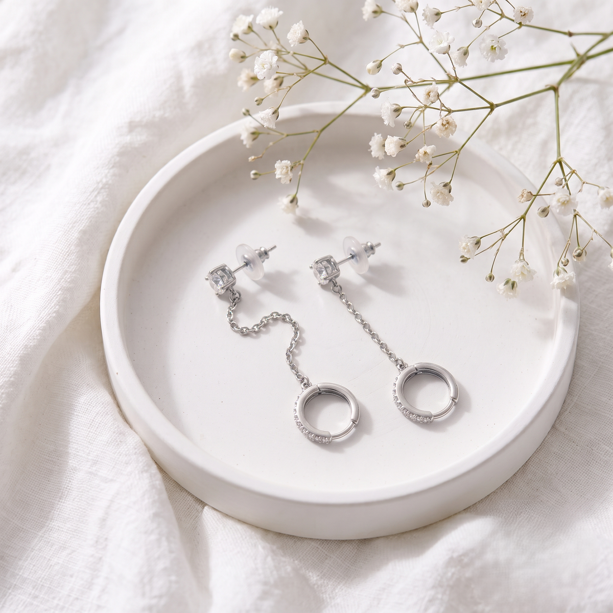 Silver Plated Brass Solitaire Stud Long Chain Drop Huggie Hoop Earrings