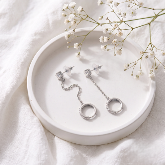 Silver Plated Brass Solitaire Stud Long Chain Drop Huggie Hoop Earrings