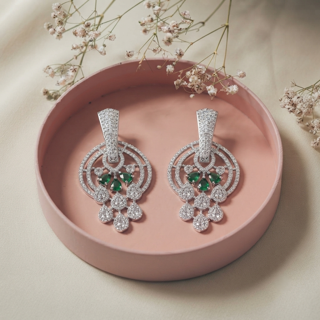 Silver Plated Brass Emerald Green and White CZ Stone Studded Chandbali Earrings