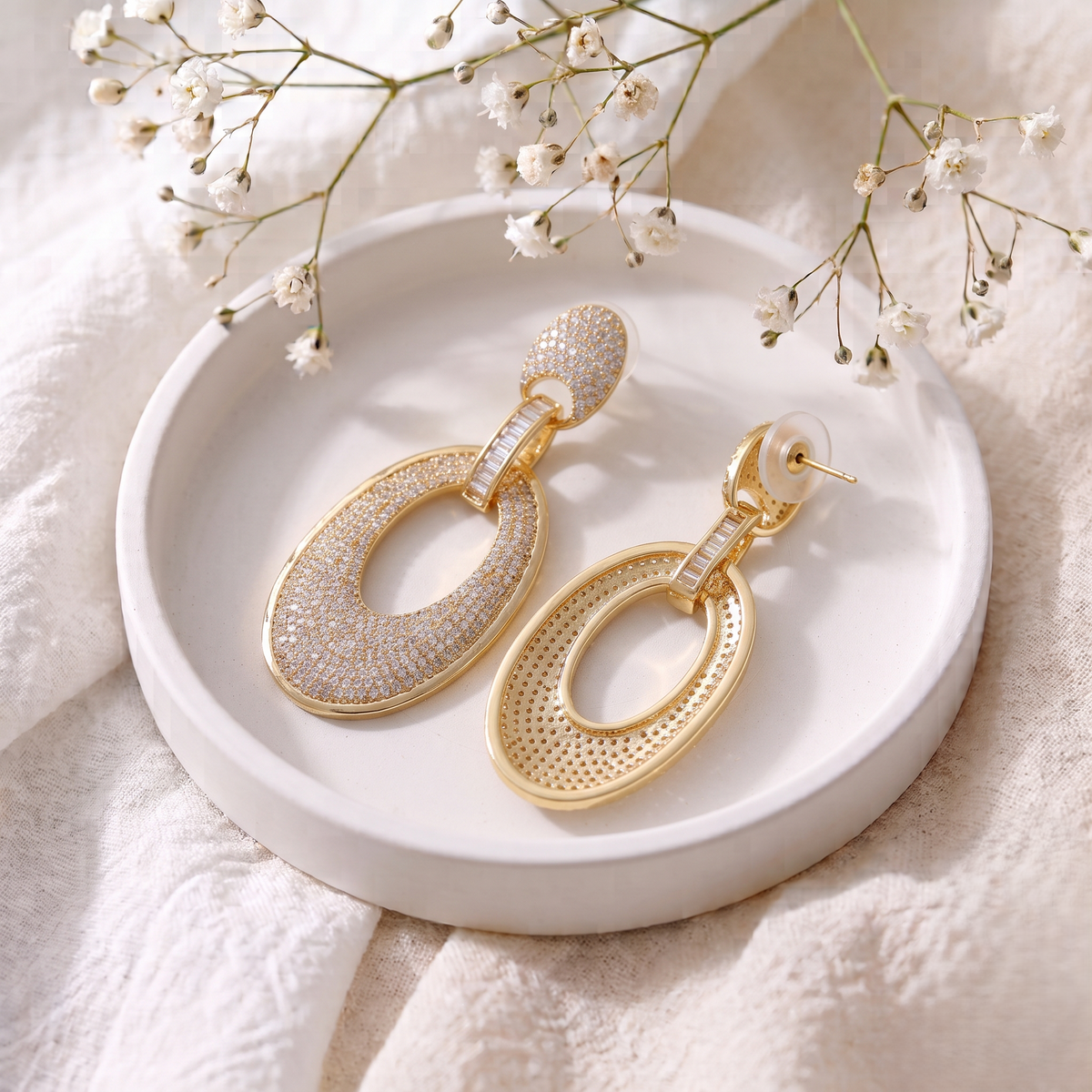Gold Plated Brass Oval Drop Earrings with Micro Pavé Crystals and Baguette Links