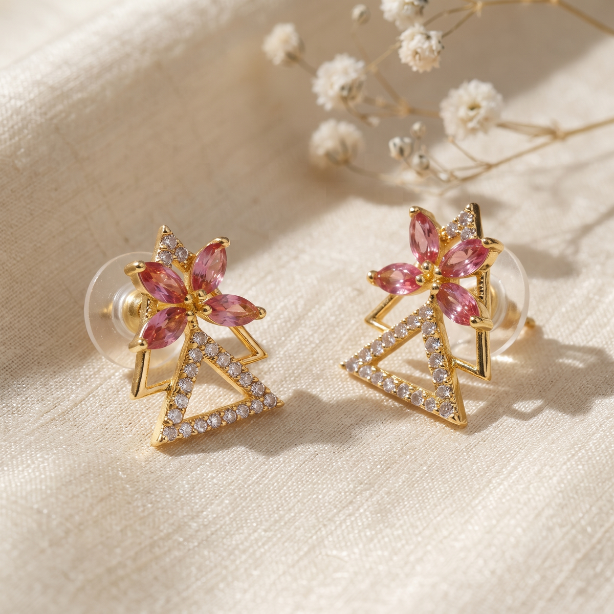 Gold Plated Brass Double Triangle Stud Earrings with Pink Marquise Crystal Flower