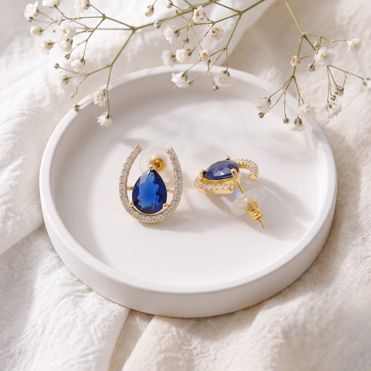 Gold Plated Brass Horseshoe Stud Earrings with Royal Blue Teardrop