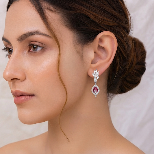 Silver Plated Brass Ruby Red and White CZ Diamond Marquise Leaf Drop Earrings for Women