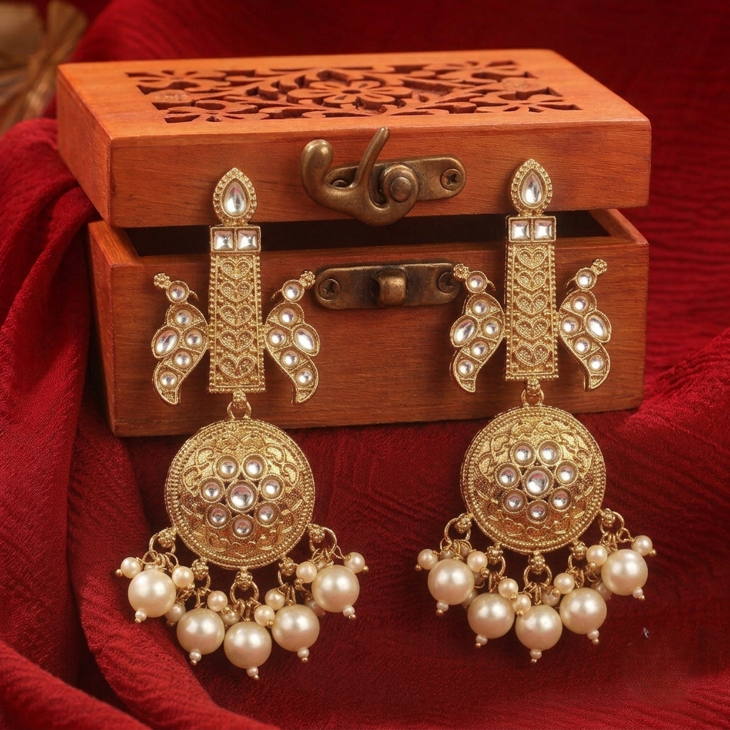 Antique Traditional Gold Pillar Stud Earrings with Pearls