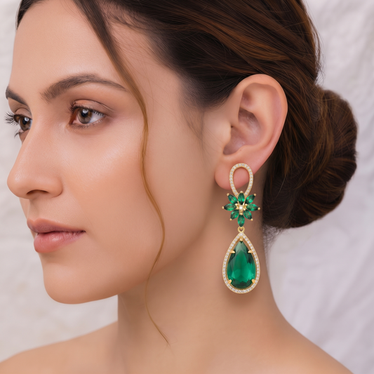 Gold Plated Brass Emerald Green Crystal Flower and Teardrop Dangle