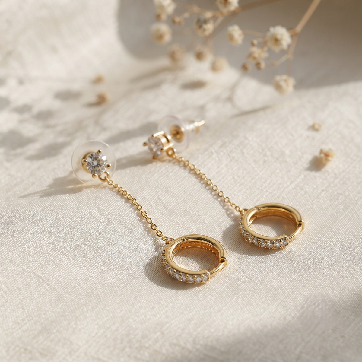 Gold Plated Brass Solitaire Stud Long Chain Drop Huggie Hoop Earrings