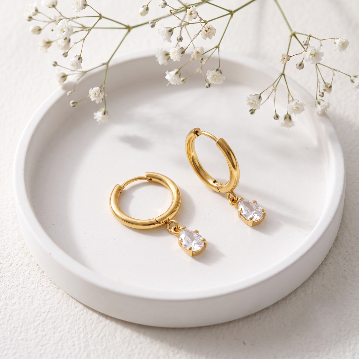 Waterproof Gold Huggie Earrings Anti Tarnish Pear Cut Clear Zirconia Charm Hoops