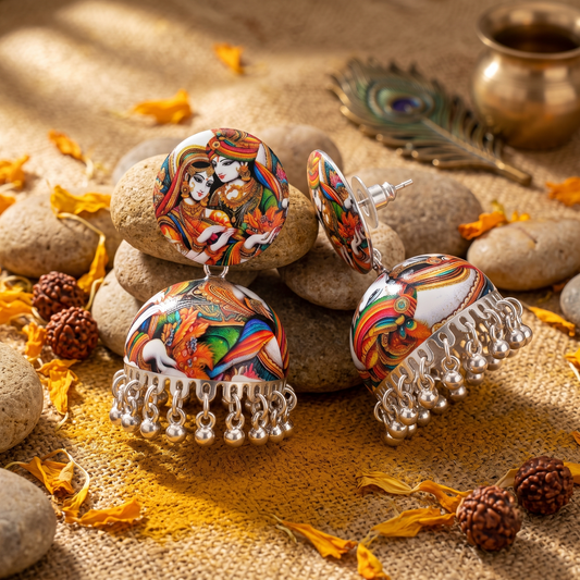 Radha Krishna Printed Jhumka Earrings for Women Devotional Silver Ghungroo Balis