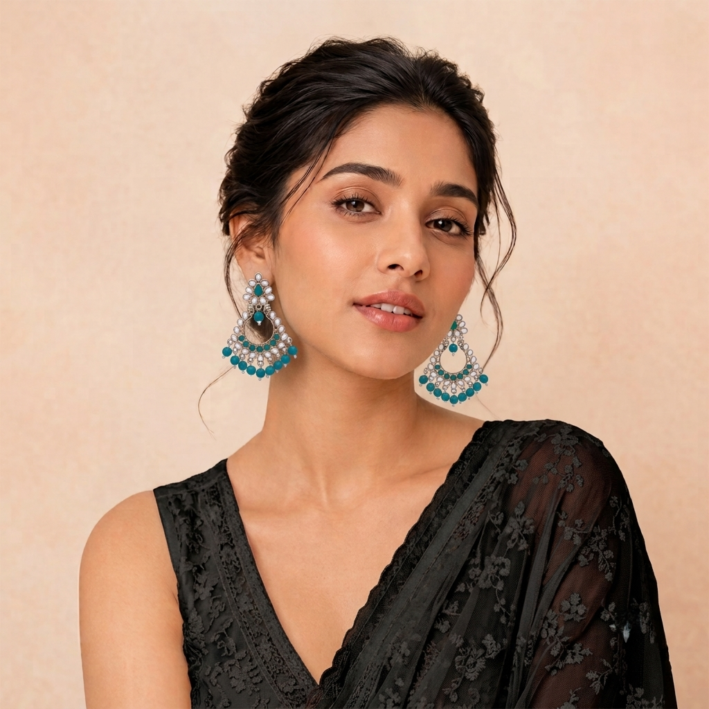 Gold Plated Traditional Wedding Kundan Chandbali Earrings with Teal Beads