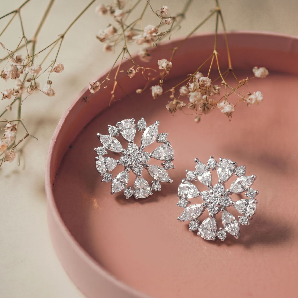 Silver Plated CZ Snowflake Cluster Stud Earrings
