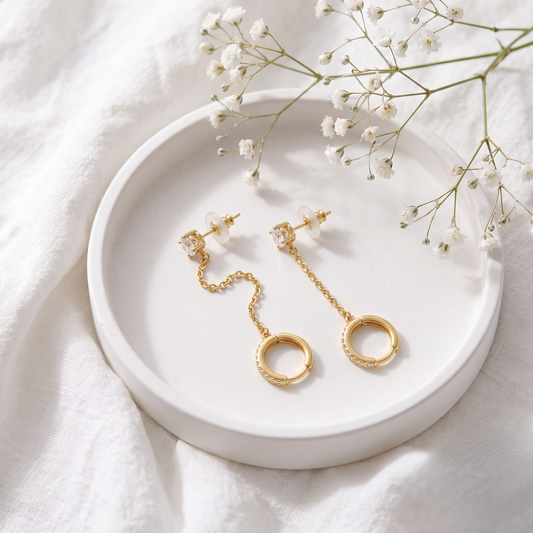 Gold Plated Brass Solitaire Stud Long Chain Drop Huggie Hoop Earrings