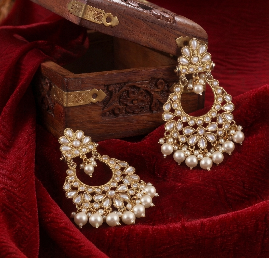 Gold Plated Kundan Chandbali Earrings with Pearls Traditional Drop Jhumka for Women