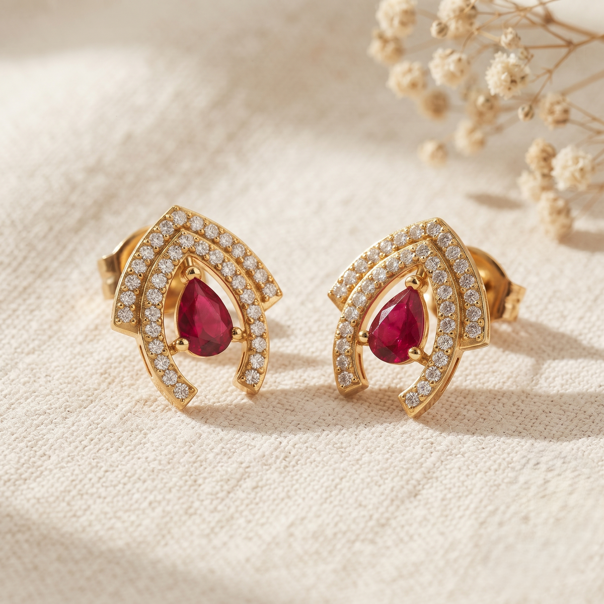 Gold Plated Brass Geometric Double Arch Stud Earrings with Ruby Red Teardrop Crystal