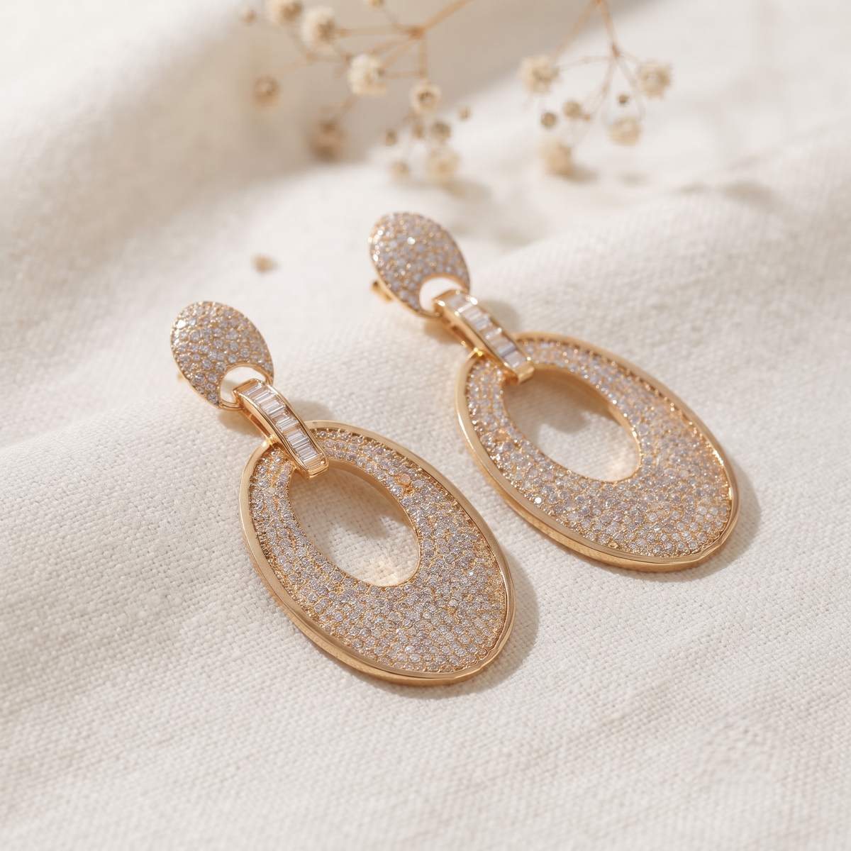 Gold Plated Brass Oval Drop Earrings with Micro Pavé Crystals and Baguette Links