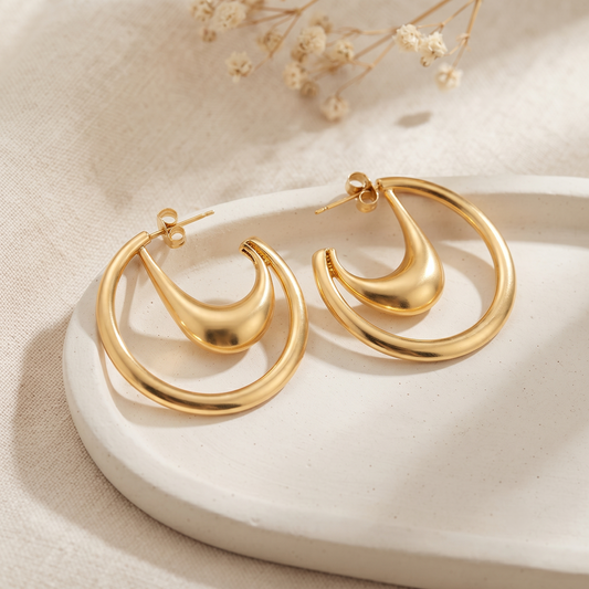 Gold Plated Matte Finish Abstract Double Layer Crescent Hoop Earrings for Women