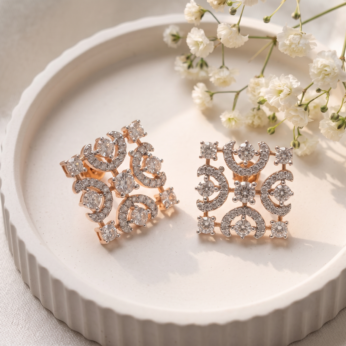 Rose Gold Geometric Square American Diamond Stud Earrings for Women