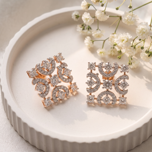 Rose Gold Geometric Square American Diamond Stud Earrings for Women