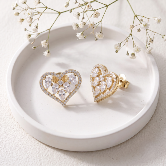 Gold Plated Brass Open Heart Stud Earrings with Crystal Cluster Inlays